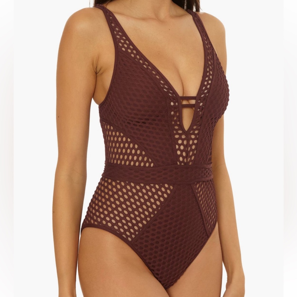 BECCA Women's Fishnet Plunge-Neck One-Piece Swimsuit